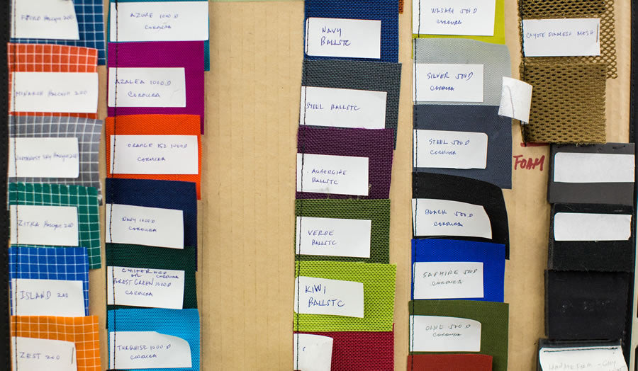 Fabric swatches labeled with the ir color and weave