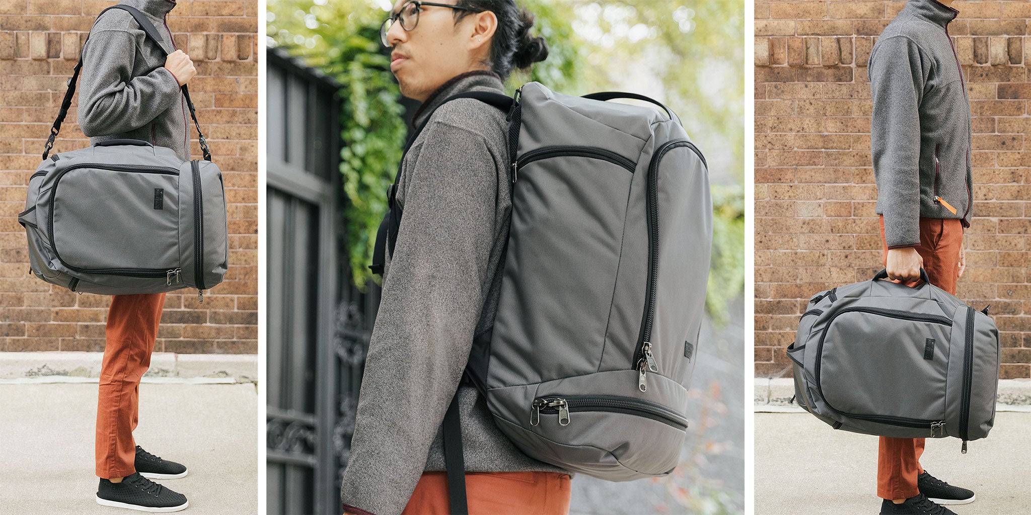 The Techonaut can be carried as a shoulder bag, duffel, or as a backpack.